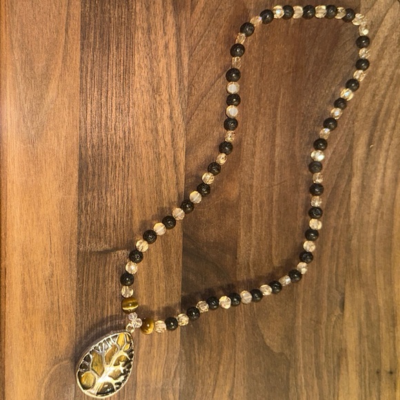 Tiger’s Eye Tree Necklace (Beige Crystal Beads, Black Lava Rock And Tiger’s Eye) - Picture 2 of 12